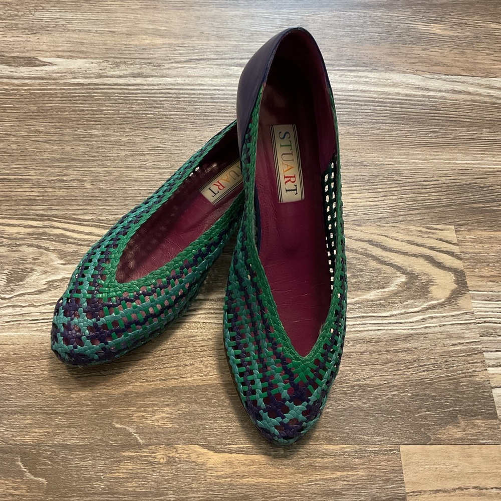 Stuart Weitzman Woven Green Purple and Aqua Low Wedge 10